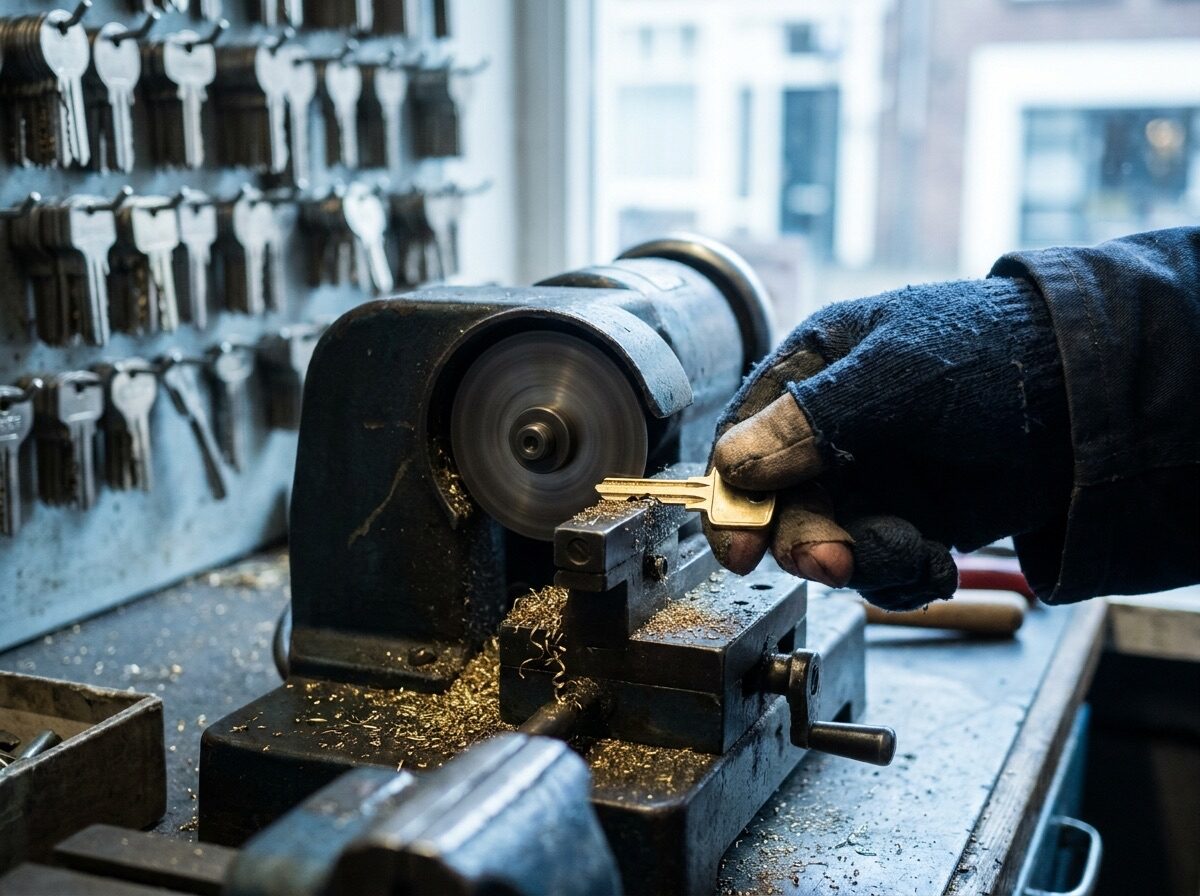 Een sleutel wordt bijgemaakt op de sleutelmachine